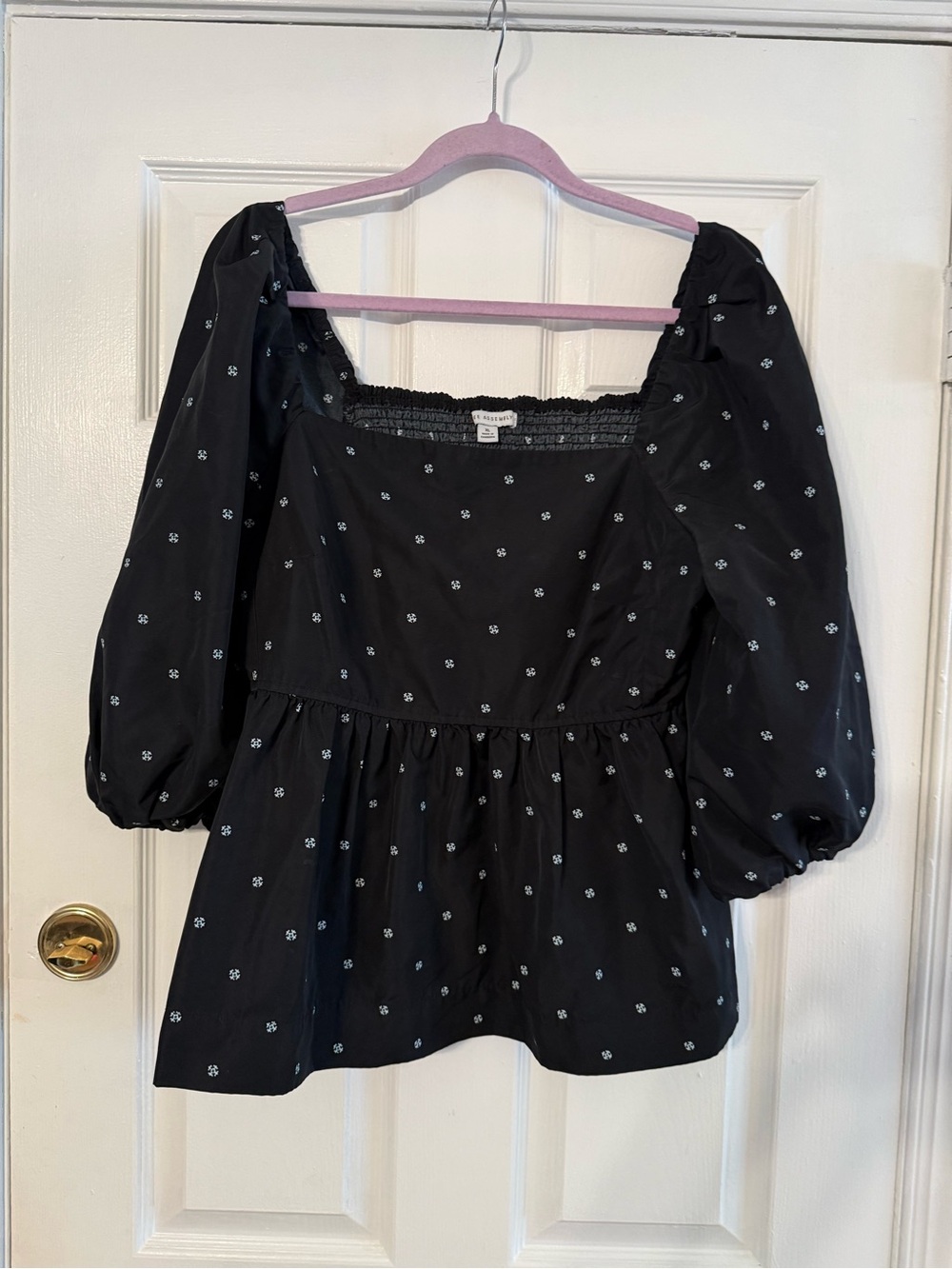 Black Puff Sleeve Peplum Top with White Dot Floral Print